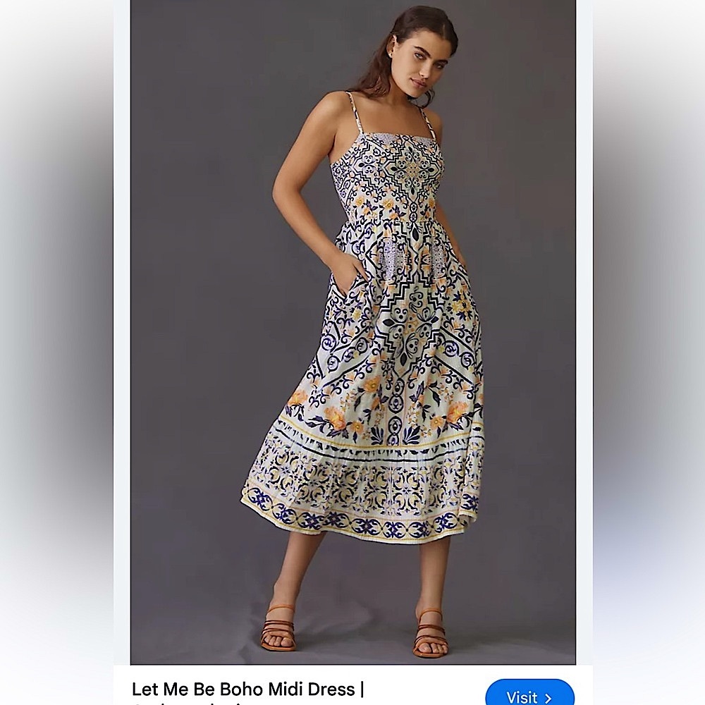 Let Me Be Boho Printed Midi Dress from Anthropologie. Mediterranean style.